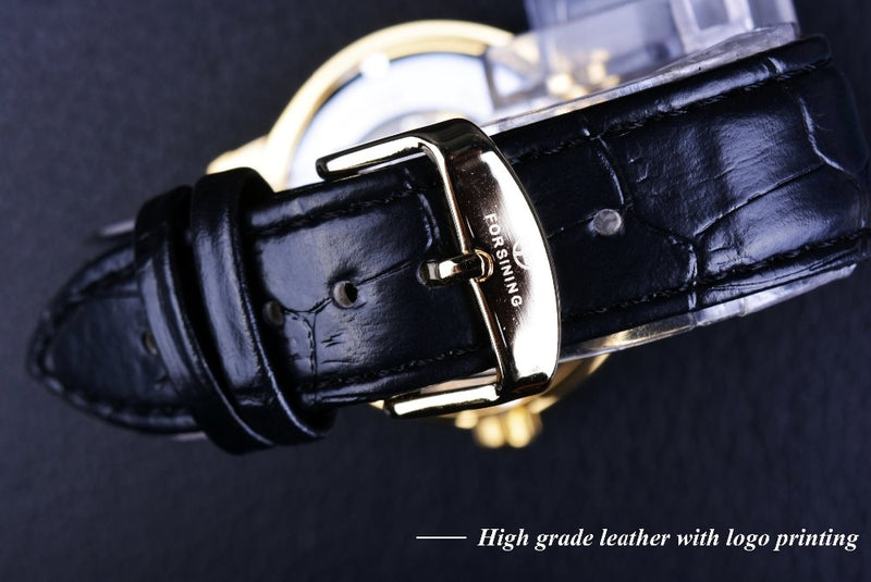 Forsining Men Watches Top Brand Luxury Mechanical Skeleton Watch Black Golden 3D Literal Design Roman Number Black Dial Clock