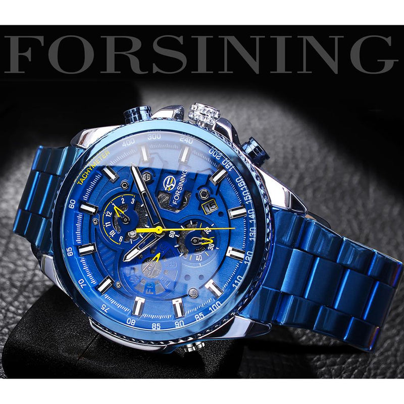Forsining Mens Automatic Watch Blue Steel Band Calendar 3 Sub Dial Wristwatch Mechanical Waterproof Male Clock Relogio Masculino