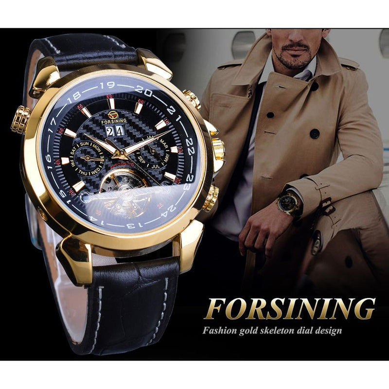 Forsining Mens Mechanical Watch Automatic Toubillon Date Relogio Business Skeleton Genuine Leather Wrist Watches Clock Masculino