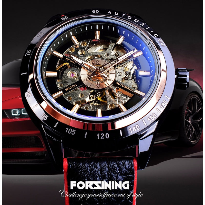 Forsining Motorcycle Design Genuine Black Belt Waterproof Skeleton Men Automatic Watches Top Brand Luxury Mechanical Male Clock
