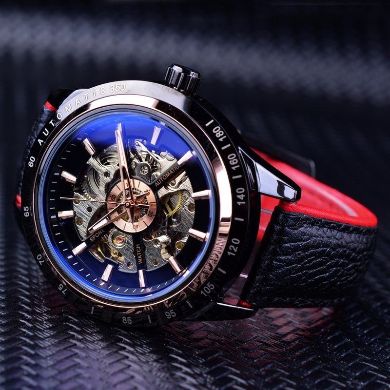 Forsining Motorcycle Design Genuine Black Belt Waterproof Skeleton Men Automatic Watches Top Brand Luxury Mechanical Male Clock