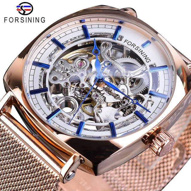 Forsining New Fashion Mechanical Watch For Men Square Automatic Skeleton Analog Silver Slim Mesh Steel Band Watch Relojes Hombre