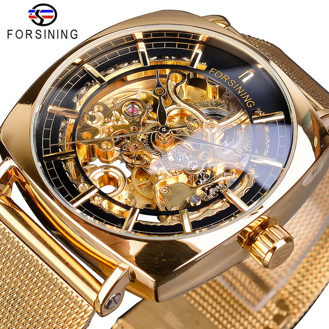 Forsining New Fashion Mechanical Watch For Men Square Automatic Skeleton Analog Silver Slim Mesh Steel Band Watch Relojes Hombre