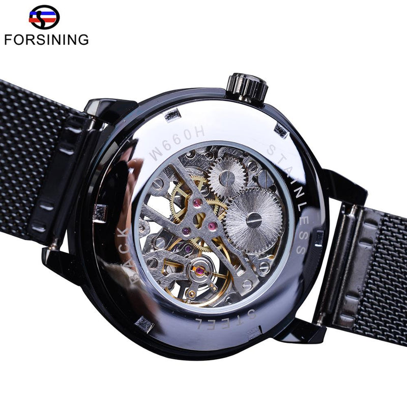 Forsining Retro Fashion Design Skeleton Sport Mechanical Watch Luminous Hands Transparent Mesh Bracelet For Men Top Brand Luxury