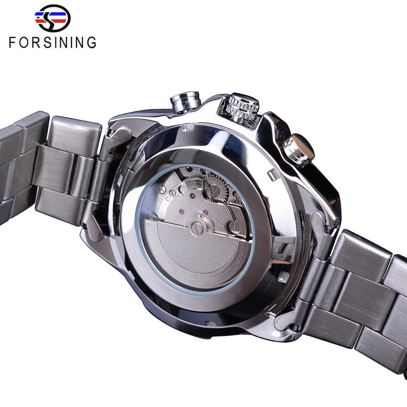 Forsining Silver Grey Mens Mechanical Watches Multifunction 6 Hands Date Military Army Sport Steel Strap Automatic Clock Relogio