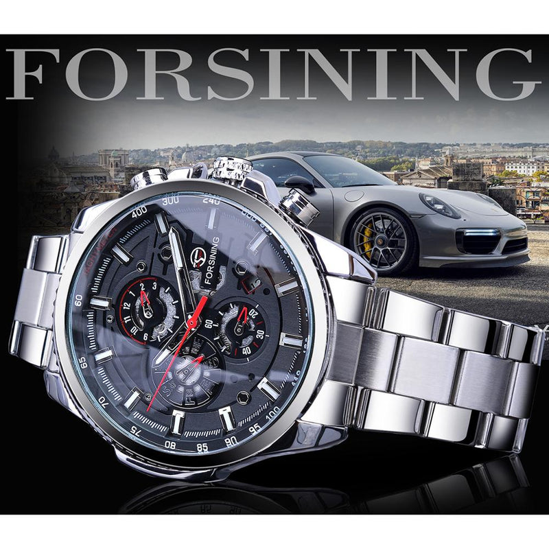 Forsining Silver Grey Mens Mechanical Watches Multifunction 6 Hands Date Military Army Sport Steel Strap Automatic Clock Relogio