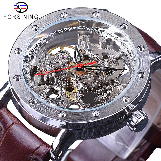 Forsining Silver Skeleton Wristwatches Black Red Pointer Black Genuine Leather Belt Automatic Watches for Men Transparent Watch