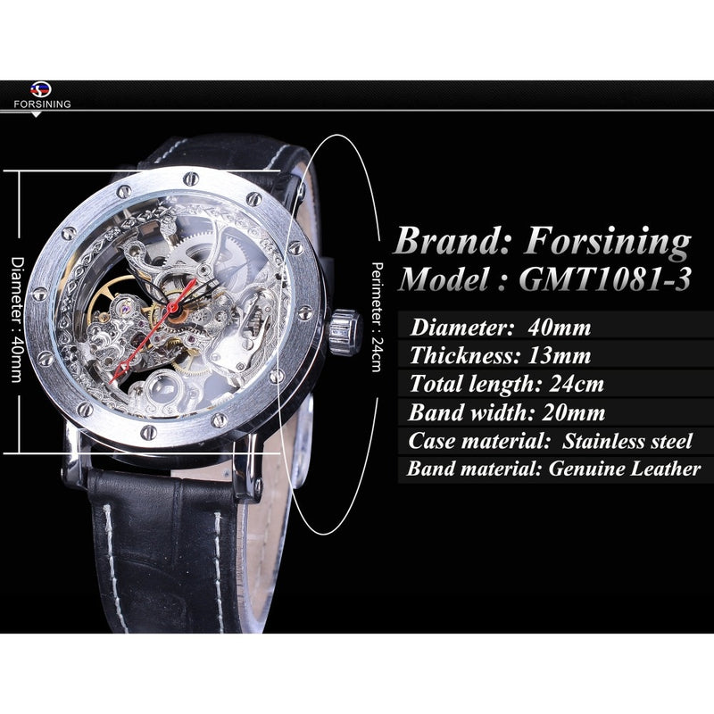 Forsining Silver Skeleton Wristwatches Black Red Pointer Black Genuine Leather Belt Automatic Watches for Men Transparent Watch