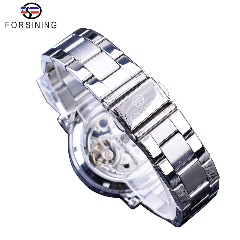 Forsining Silver Skeleton Wristwatches Black Red Pointer Silver Stainless Steel Belt Automatic Watches for Men Transparent Watch