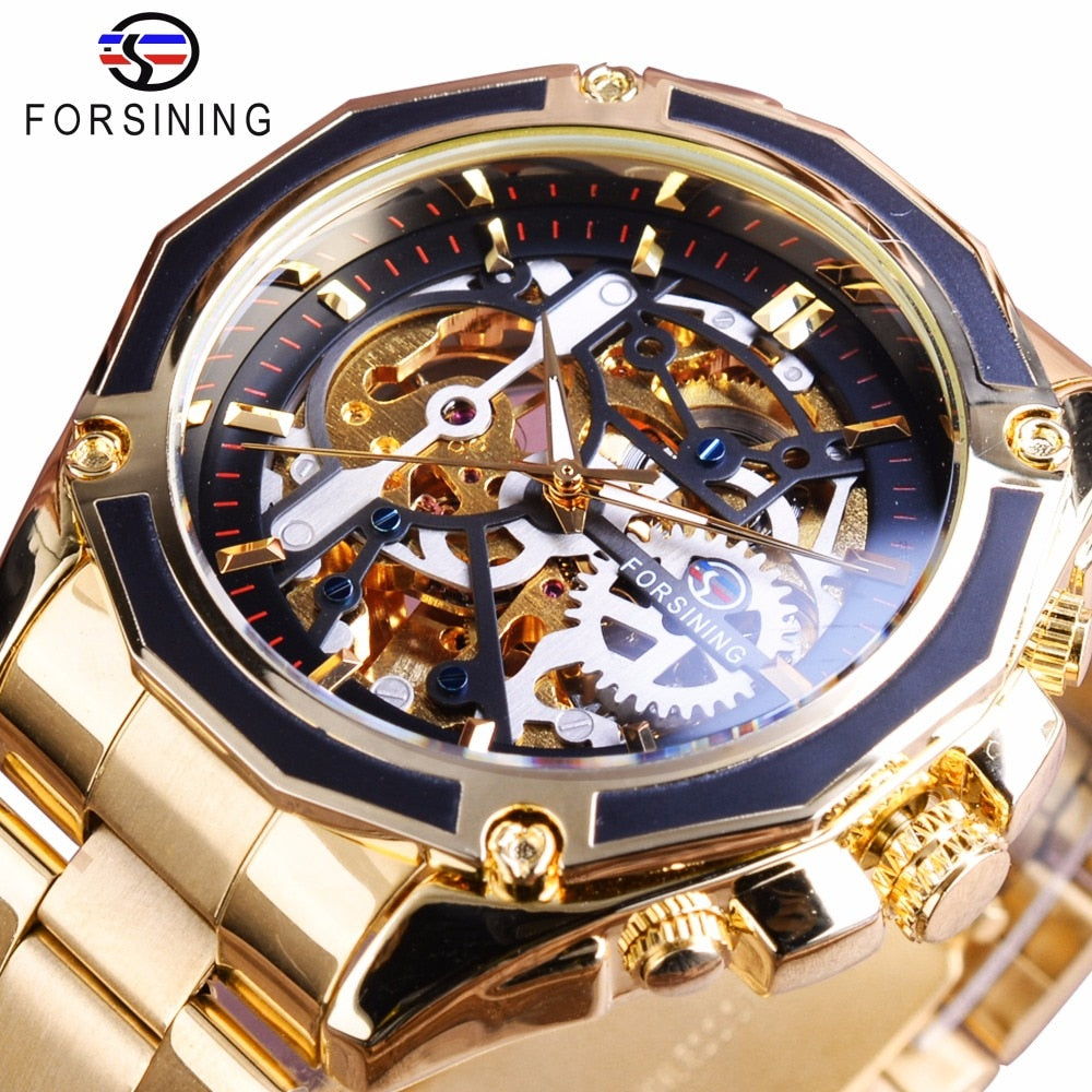 Forsining Steampunk Gear Design Transparent Case Automatic Watch Gold Stainless Steel Skeleton Luxury Men Watch Top Brand Luxury