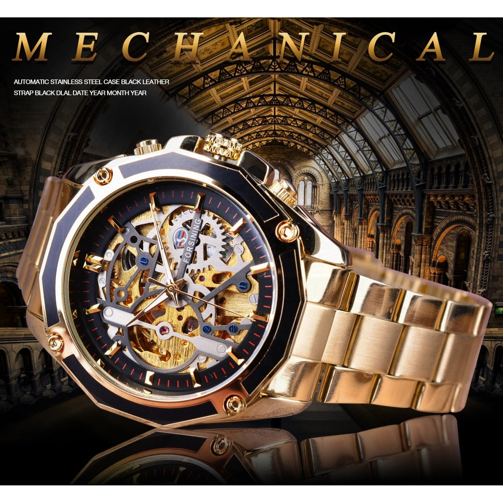 Forsining Steampunk Gear Design Transparent Case Automatic Watch Gold Stainless Steel Skeleton Luxury Men Watch Top Brand Luxury