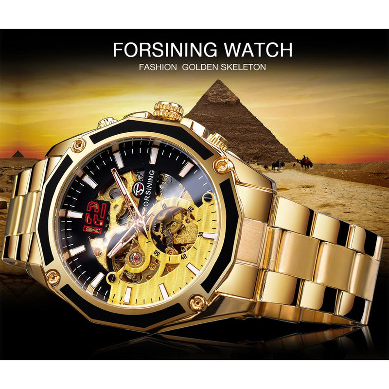 Forsining Transparent Open Work Golden Stainless Steel Mens Automatic Sport Wristwatch Mechanical Skeleton Top Brand Luxury Hour