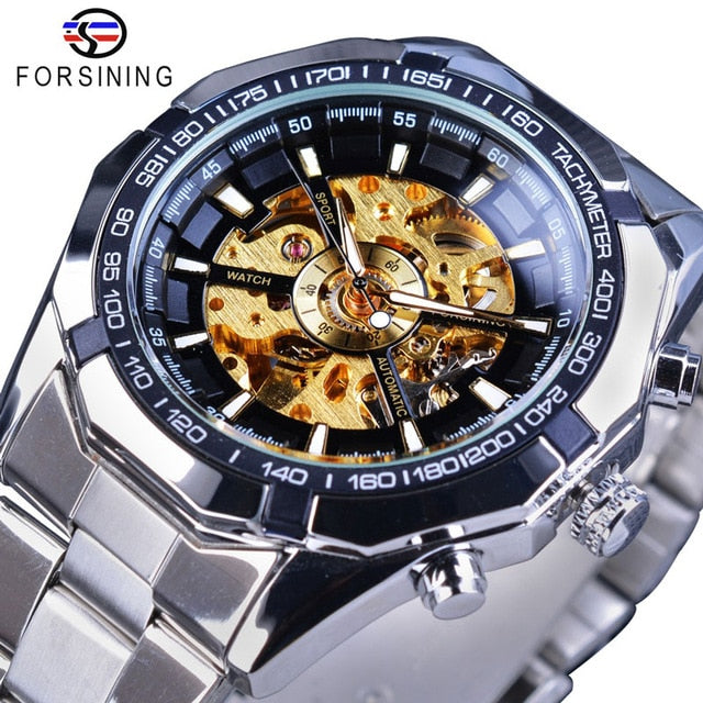 Forsining Watch + Bracelet Set Combination Silver Stainless Steel Men's Skeleton Transparent Mechanical Male Wrist Watches Clock