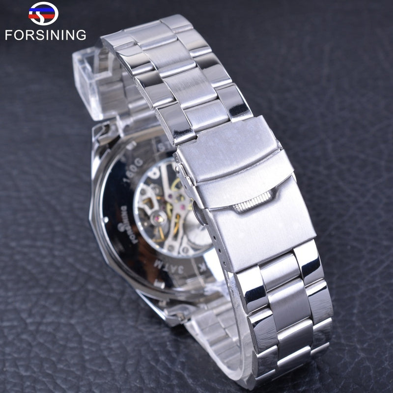 Forsining Watch + Bracelet Set Combination Silver Stainless Steel Men's Skeleton Transparent Mechanical Male Wrist Watches Clock
