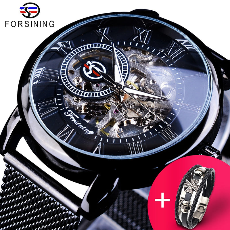 Forsining Watch + Bracelet Set Combination Skeleton Sport Mechanical Luminous Hands Transparent Mesh Steel Band Men Luxury Clock