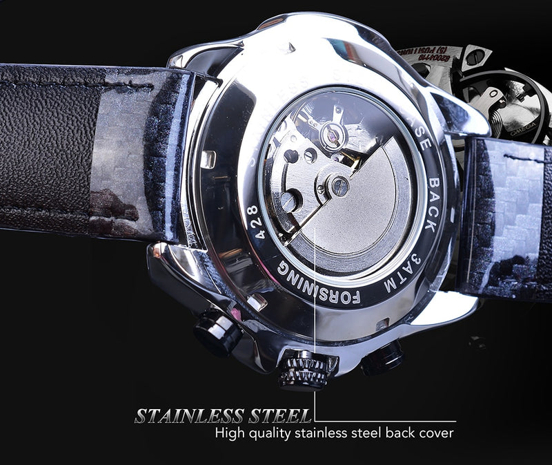 Forsining Watch Men Sport Mechanical Wristwatch Automatic Self-Wind Clock Date 3 Dials Shiny Leather Business Waterproof Relogio