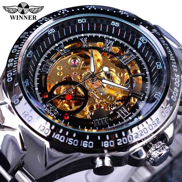 Forsining Waterproof Golden Black Skeleton Clock Two Button Decoration Mechanical Wrist Watches for Men Black Genuine Leather