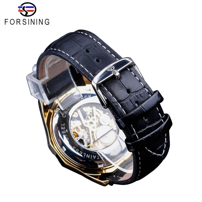 Forsining Waterproof Golden Black Skeleton Clock Two Button Decoration Mechanical Wrist Watches for Men Black Genuine Leather