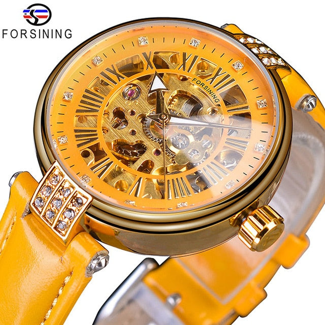 Forsining White Gold Mechanical Automatic Luxury Top Brand Lady Wrist Watch Skeleton Clock Women Leather Dress Age Girl Watches