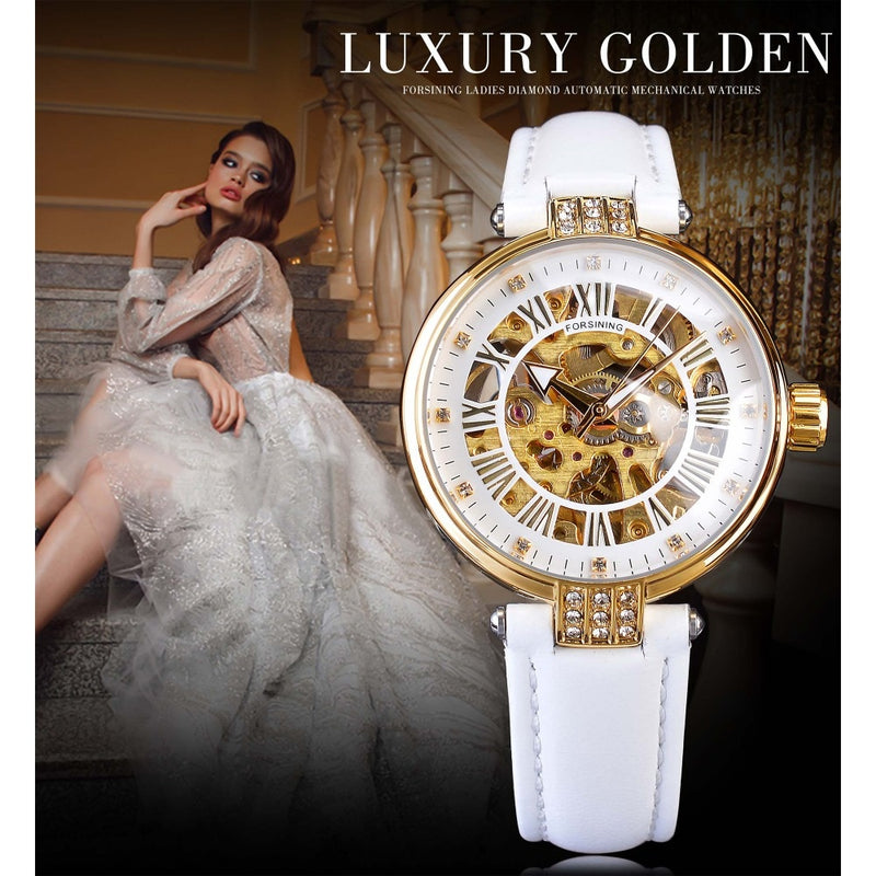 Forsining White Gold Mechanical Automatic Luxury Top Brand Lady Wrist Watch Skeleton Clock Women Leather Dress Age Girl Watches
