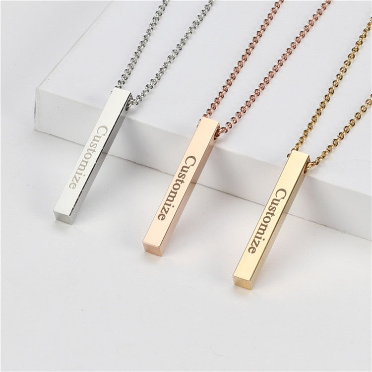 Four Sides Engraving Personalized Square Bar Custom Name Necklace Stainless Steel Pendant Necklace Women/Men Gift MNE180014