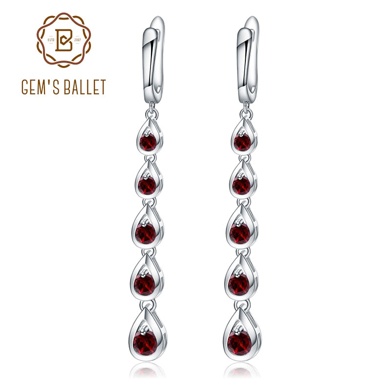 GEM'S BALLET 3.07Ct  Natural Red Garnet Gemstone Long Earrings Solid 925 Sterling Silver Drop Earrings Fine Jewelry For Women