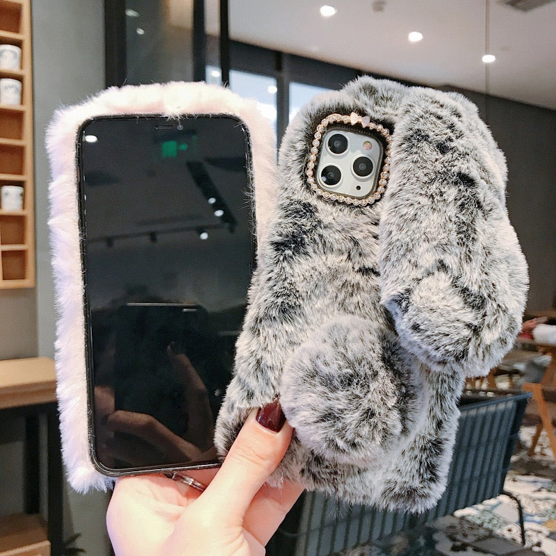 GTWIN Plush Warm Case For iPhone 12 11 Pro Max XS Max XR X Cute Long Rabbit Ears Furry Fluffy Fur Cover For iPhone 6 6S 7 8 Plus