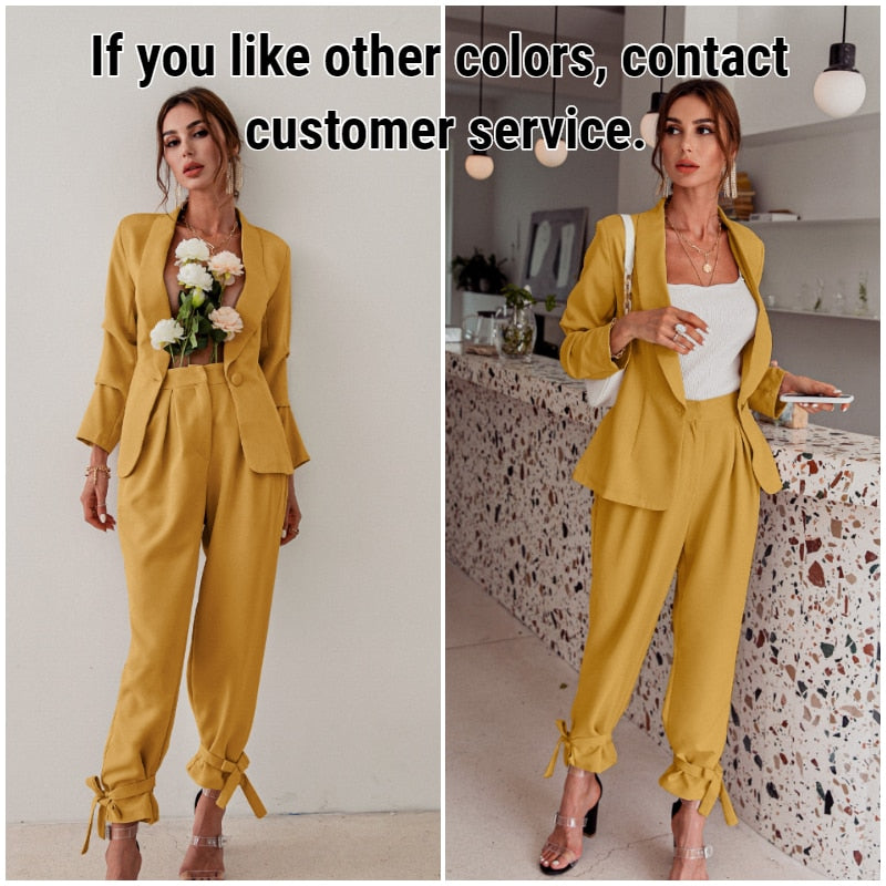 Glamaker Two piece set sexy blazer suits Women lace up casual top and pants Office ladies fashion streetwear female co ord set