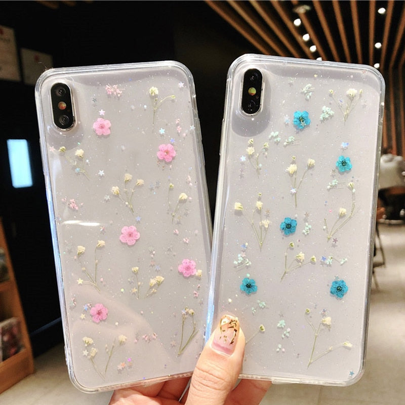 Glitter Case For iPhone 11 Case Silicon Dried Flowers Bumper On iPhone 12 Pro Max Mini 8 7 Plus 6 6s X XR XS MAX SE 2020 Covers