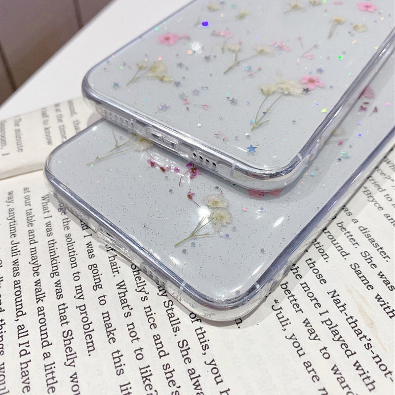 Glitter Case For iPhone 11 Case Silicon Dried Flowers Bumper On iPhone 12 Pro Max Mini 8 7 Plus 6 6s X XR XS MAX SE 2020 Covers