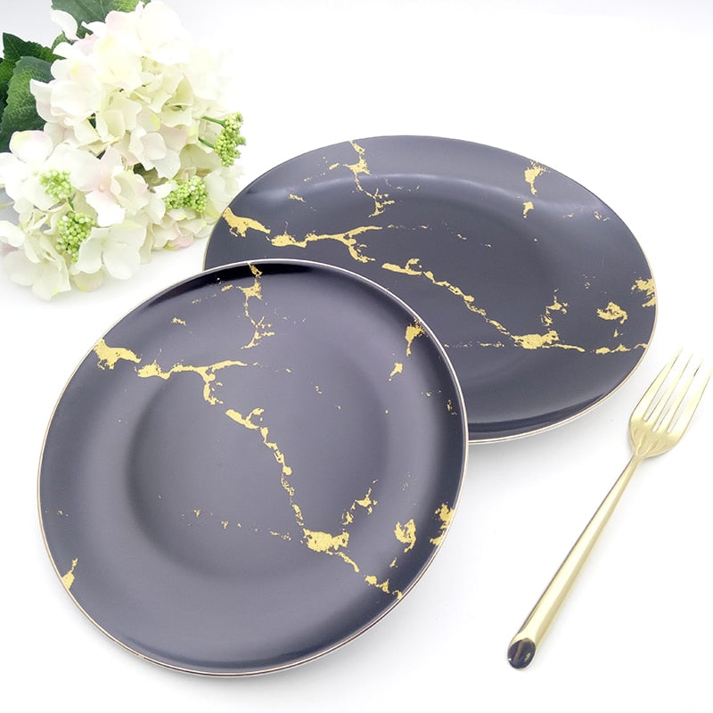 Gold Marble Dish Ceramic Tray Dinner Plate Nordic Brief Round Steak Pasta Plate Luxury Tableware Round Dish Food Christmas Gifts