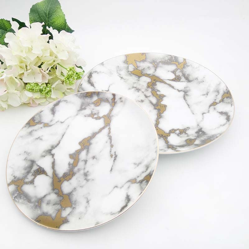 Gold Marble Dish Ceramic Tray Dinner Plate Nordic Brief Round Steak Pasta Plate Luxury Tableware Round Dish Food Christmas Gifts