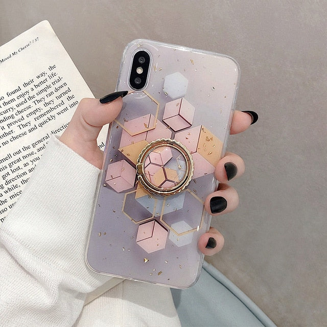 Gold Powder Geometric Marble Ring Holder Phone Case For iPhone 12 Mini 11 Pro Max XR X XS Max 7 8 6 Plus Case Soft Phone Cover