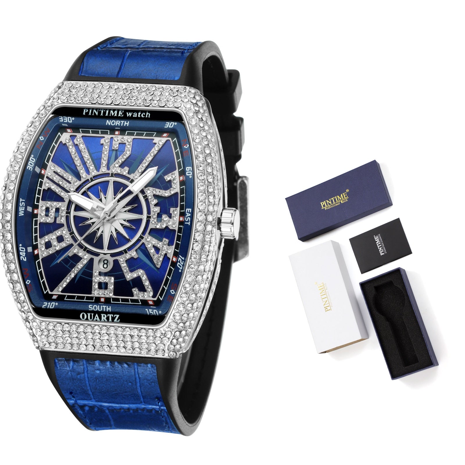 Hot Sale Men Fashion Luxury Watch Diamond Iced Out Waterproof Quartz Wristwatch Blue Silicone Band Party Casual Dress Watches