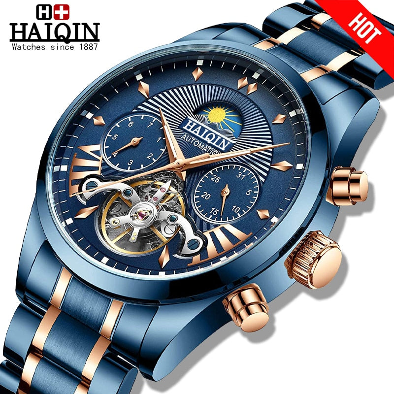 HAIQIN 2020 Automatic Men's Watches Top brand luxury men watch Blue mechanical wristwatch men waterproof reloj hombre tourbillon