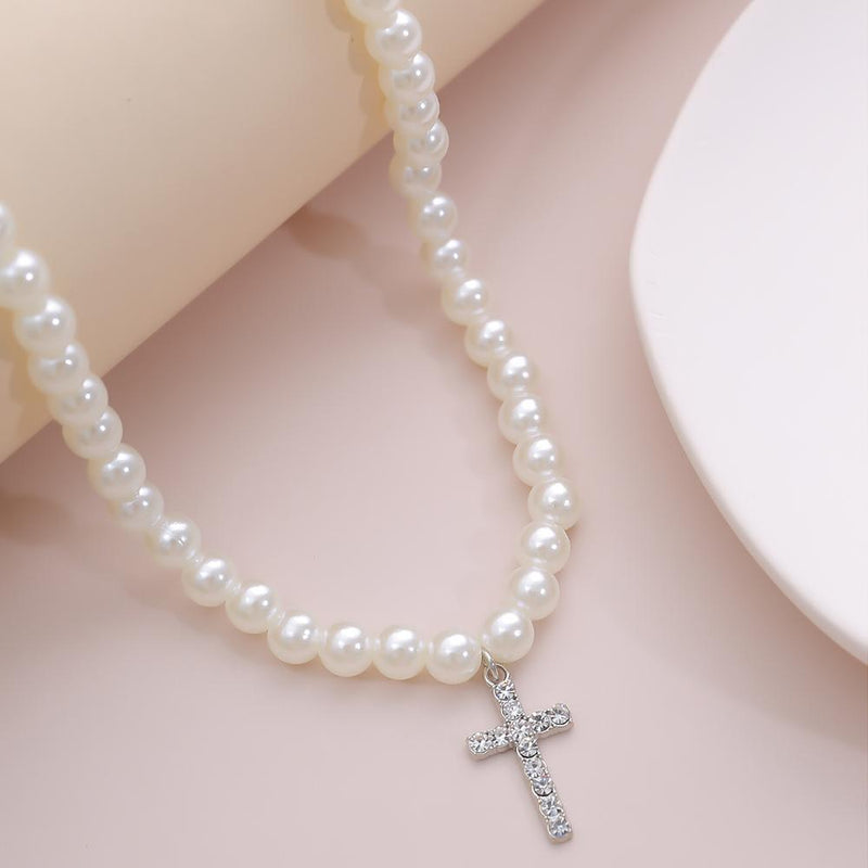 High Quality Baroque Pearl Chain Crystal Cross Pendant Choker Necklace Jesus Vintage Rhinestone Bead Link Necklace Charm Jewelry