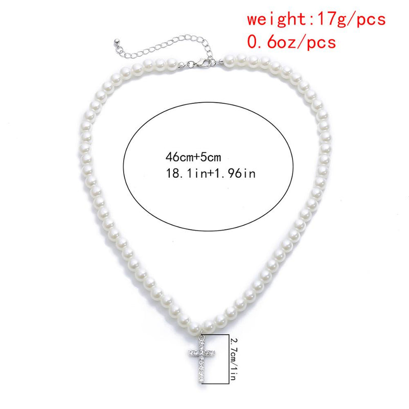 High Quality Baroque Pearl Chain Crystal Cross Pendant Choker Necklace Jesus Vintage Rhinestone Bead Link Necklace Charm Jewelry