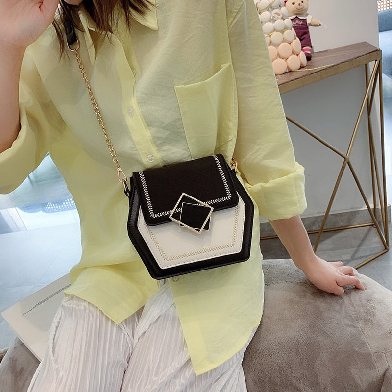 High Quality Contrast Color Scrub Leather Shoulder Bags for Women 2020 Small Hexagon Messenger Bag Phone Handbags and Handbags