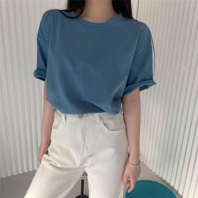 Hirsionsan 100% Cotton T Shirt Women Summer New Oversized Solid Basic Tees 9 Color Casual Loose Tshirt Korean O Neck Khaki Tops