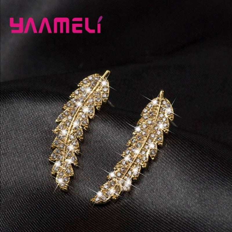 Hot Sale Korean Elegance Leaf Women Stud Earring 925 Sterling Silver Clear Rhinestone CZ Crystal Handemade Ear Brincos Pendiente