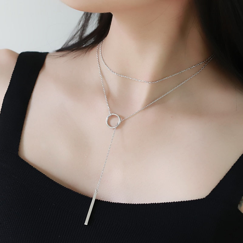 Hot Selling Real 925 Sterling Silver Circle Strip Long O-Chain Necklace Fine jewelry Choker For Women Wedding Gift NK001