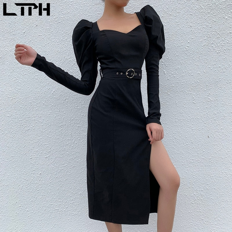 Hot sale 2020 autumn and winter New women dress Puff sleeves low square collar Solid high waist retro long high fork dresses