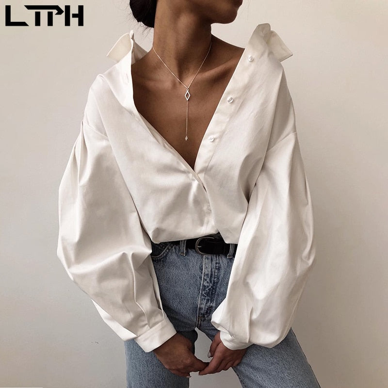 Hot sale 2021 Autumn New women blouses Lantern Sleeves lapel Streetwear fashion Casual wild Loose Slim button simple Solid shirt