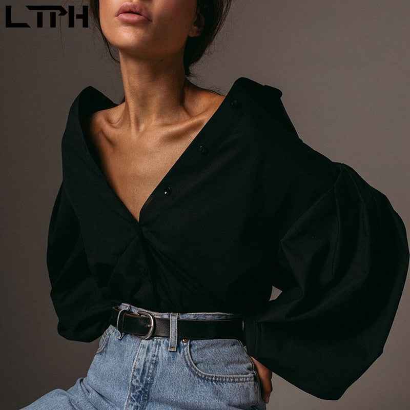 Hot sale 2021 Autumn New women blouses Lantern Sleeves lapel Streetwear fashion Casual wild Loose Slim button simple Solid shirt