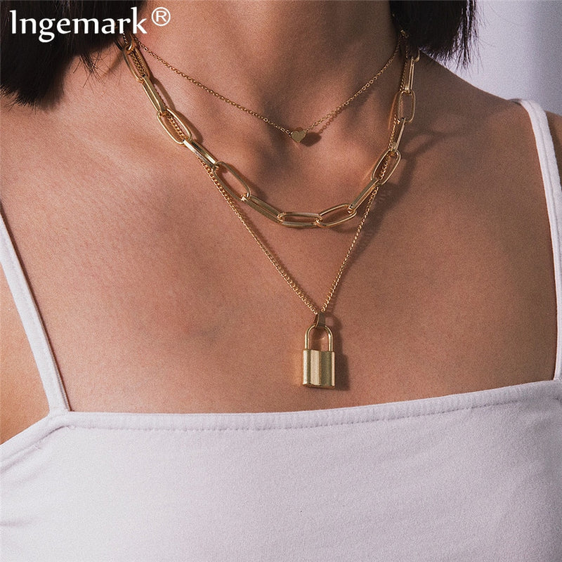 Ingemark Multi Layer Lover Lock Pendant Choker Necklace Steampunk Padlock Heart Chain Necklace Collier Best Couple Jewelry Gift
