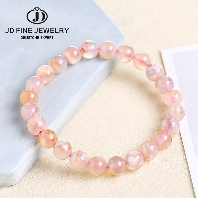 JD 8mm Natural Cherry Blossom Agate Stone Beads Smooth Round Mixed Charm Flower Gemstone For Jewelry Making DIY women Bracelet