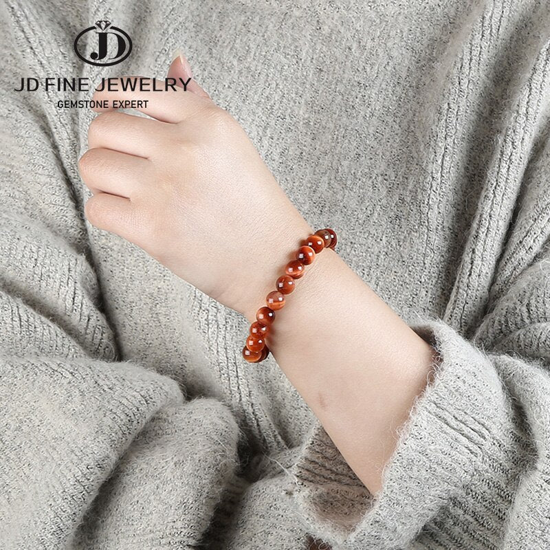 JD Natural Gemstone Beads Orange Sun Tiger Eye Stone Smooth Round Bracelet Good Quality Gift For Girl 18-19cm