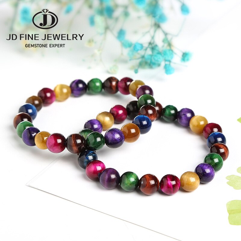 JD Natural Stone Tiger Eye 7 Chakra Bracelets & Bangles Yoga Balance Beads Buddha Prayer Elastic Colorful Bracelet Party