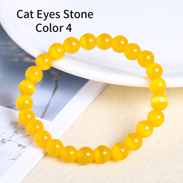 JD Women Fashion Smooth White Opal Moon Stone Bracelet Stretch Cord Elastic Colorful Cat Eyes Stone Expandable Rope Jewelry