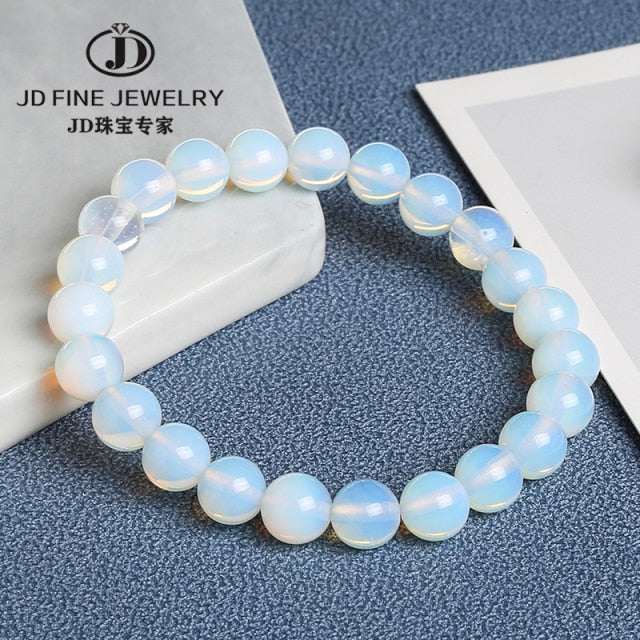 JD Women Fashion Smooth White Opal Moon Stone Bracelet Stretch Cord Elastic Colorful Cat Eyes Stone Expandable Rope Jewelry